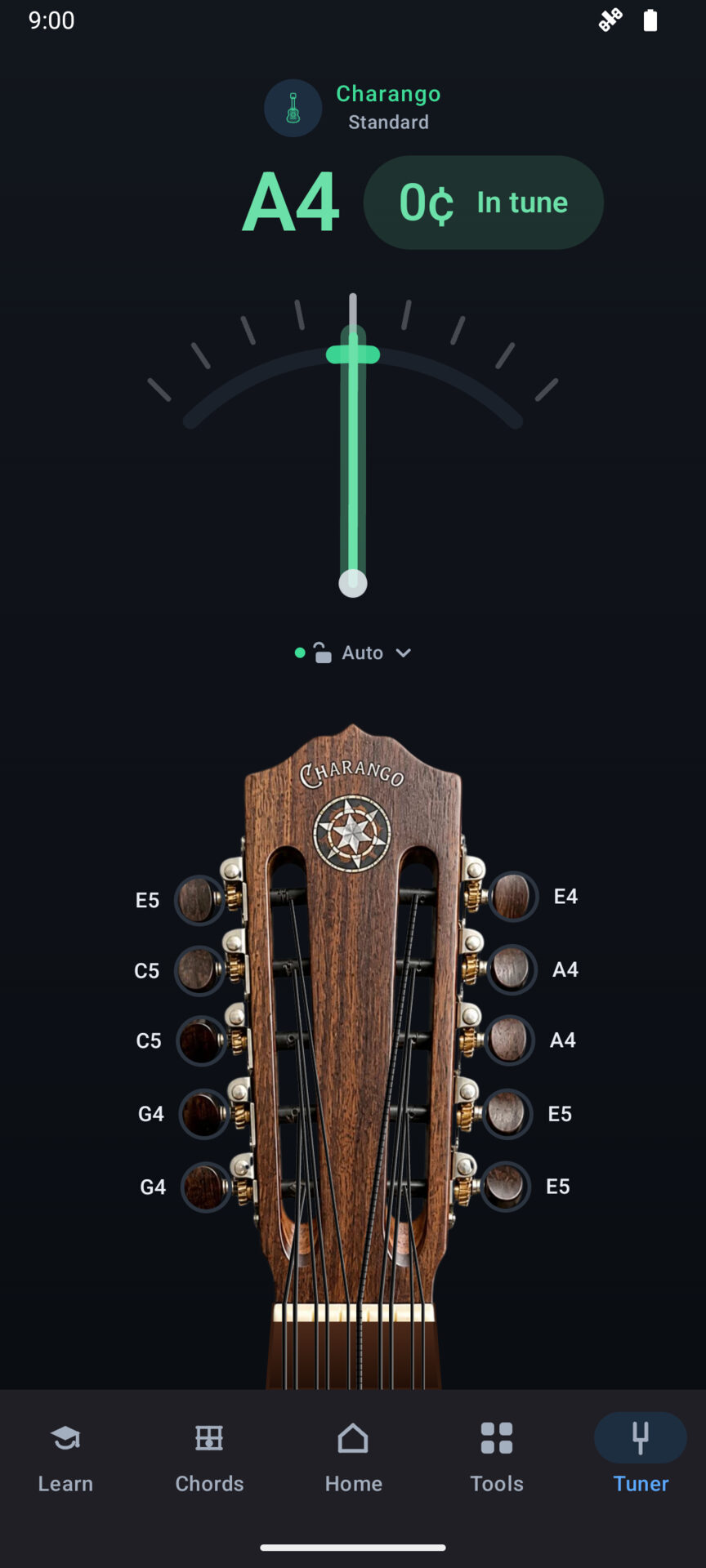Charango's tuner reading A4 in tune at zero cents, above a charango headstock whose ten pegs are each labelled with the note its string is tuned to.
