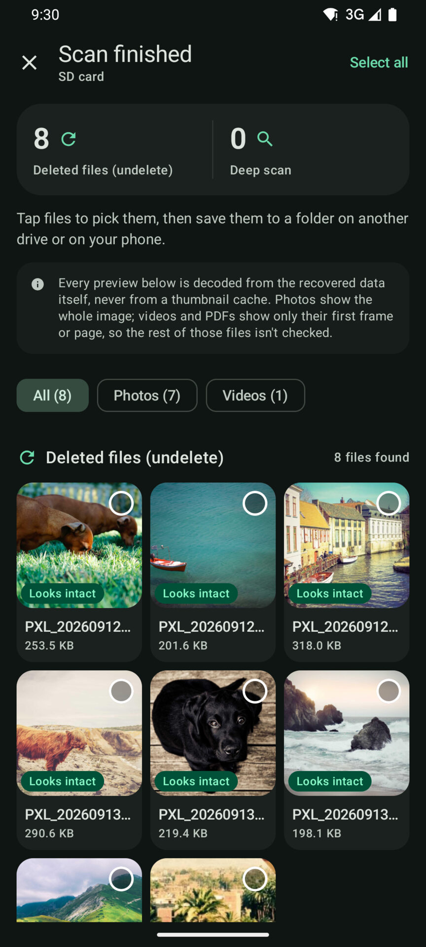 Unerased after scanning an SD card: eight deleted photos and videos found, shown as real previews, each labelled Looks intact.
